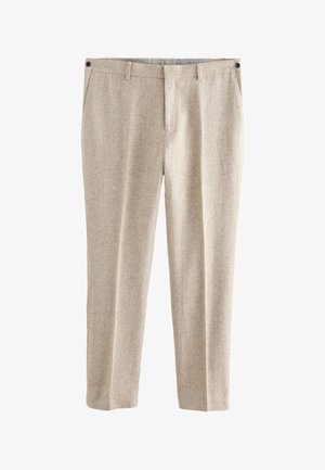 Pantalon en laine beige avec une finition texturée, coupe droite, deux poches avant et une fermeture à bouton unique à la taille.
