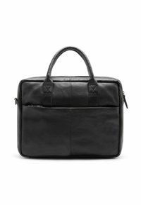 Schwarze Lederakte mit doppelten Griffen, Reißverschluss und Vordertasche. Hat eine glatte Textur und rechteckige Form.