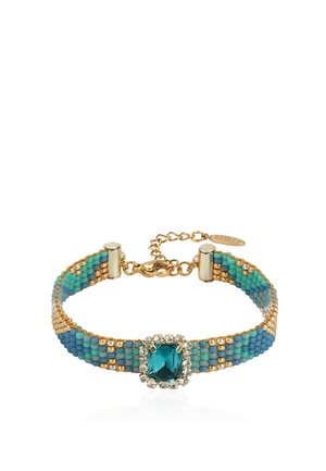 Gold-tone bracelet with woven blue and turquoise beads and a central square teal gem surrounded by small clear crystals.