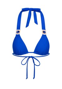 Modrý bikini top s trojúhelníkovými košíčky, zavazováním za krkem a zlatými detaily s akcentem modrého drahokamu. Texturovaná tkanina a nastavitelný střih.