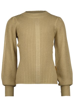 Maglione beige in maglia a costine con maniche lunghe gonfie e polsini aderenti, caratterizzato da uno scollo rotondo e una piccola etichetta di tessuto sul lato.