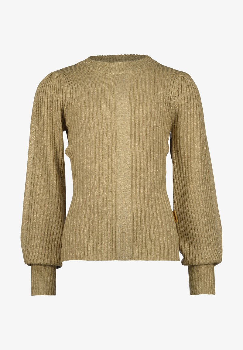Pull beige en maille côtelée avec manches longues bouffantes et poignets ajustés, doté d'un col rond et d'une petite étiquette en tissu sur le côté.