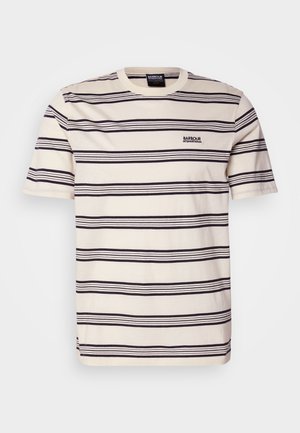 Kurzärmliges T-Shirt aus cremefarbener Baumwolle mit navyblauen horizontalen Streifen. Es verfügt über ein kleines gesticktes Logo auf der Brust und hat eine reguläre Passform.