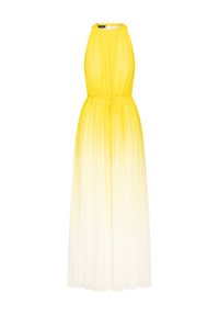 Vestido maxi amarillo degradado con cuello halter, cintura ceñida, pliegues fluidos y una textura suave, que pasa de un amarillo vibrante a blanco.