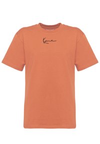 T-shirt in cotone arancione con maniche corte, dotata di un logo signature nero sul petto. Collo rotondo e vestibilità standard.