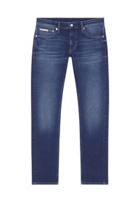 Jeans de mezclilla azul oscuro con corte recto, desgastado leve, cinco bolsillos y cierre de botón plateado con una etiqueta de marca en la parte frontal.