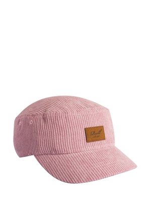 Pink corduroy cap with a brown leather patch on the front showing the word "Reell" and the year "1997" embossed on it.