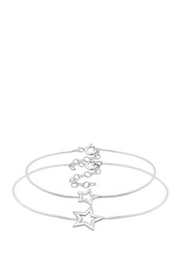 Silberner, sternförmiger Armreif mit einem filigranen Kettendesign. Enthält zwei Sterne, von denen einer größer als der andere ist, sowie einen Karabinerverschluss.