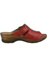 Red leather open-toe sandal with two front straps, a cushioned insole, and a textured brown wedge heel. Features decorative stitching.