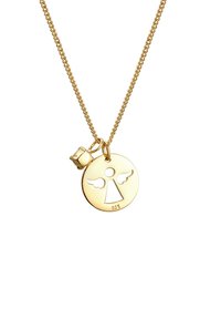 Collana in tono oro con un pendente rotondo raffigurante un angelo e un ciondolo floreale. La catena ha una texture attorcigliata e una chiusura a gancio.