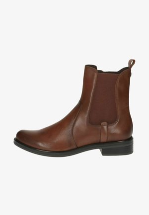Braune Leder-Ankle-Boots mit elastischen Seitenteilen, abgerundeter Zehenform und niedrigem, gestapeltem Absatz. Glatte Textur mit minimalen Nähdetails.