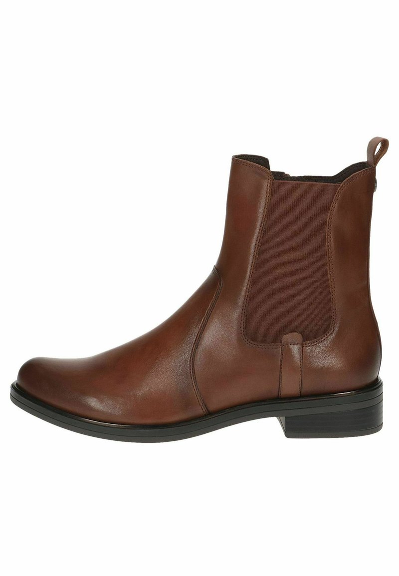 Braune Leder-Ankle-Boots mit elastischen Seitenteilen, abgerundeter Zehenform und niedrigem, gestapeltem Absatz. Glatte Textur mit minimalen Nähdetails.