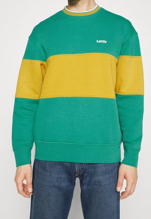 Mężczyzna ubrany w zielono-żółtą, kolorową bluzę Levi's i niebieskie dżinsy, stojący na tle jednolitego białego tła.
