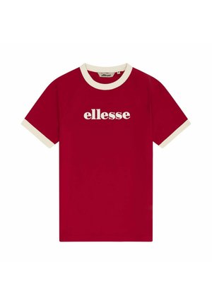 Rood T-shirt met korte mouwen en witte bies op de kraag en manchetten, met wit "ellesse" logo centraal op de borst.