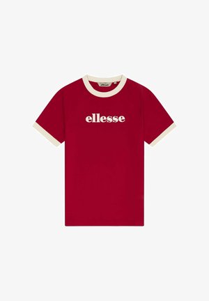 Camiseta roja de manga corta con ribete blanco en el cuello y los puños, con el logo blanco "ellesse" centrado en el pecho.
