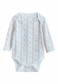 Heldragt med lange ærmer i blød hvid bomuld med et blomstermønster af lyserøde blomster og grønne blade i lodrette striber. Trykknapper i bunden.