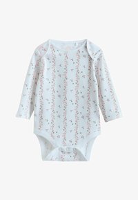 Body de manga larga en algodón blanco suave con un estampado floral de flores rosas y hojas verdes en franjas verticales. Cierre de botones a presión en la parte inferior.