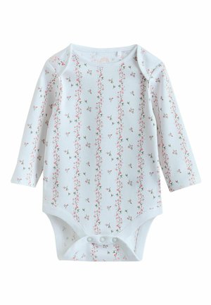 Garām piedurknēm viengabala apģērbs no mīksta balta kokvilnas ar ziedu rakstu rozā ziediem un zaļām lapām vertikālās svītrās. Apakšā ar spraužamām aizdares pogām.