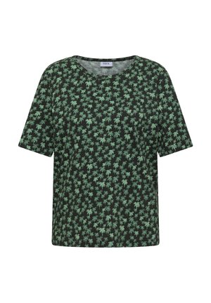 Czarna koszula z krótkim rękawem z drobnym zielonym wzorem palm i okrągłym dekoltem.