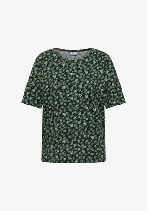 Chemise noire à manches courtes avec un petit motif de palmiers verts sur toute la surface et un col rond.