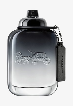 Ugjennomsiktig glassparfymeflaske med en ombre-grå til klar finish, som har en gravering av hest og kjerre samt et svart merkelapp. Kromlok.