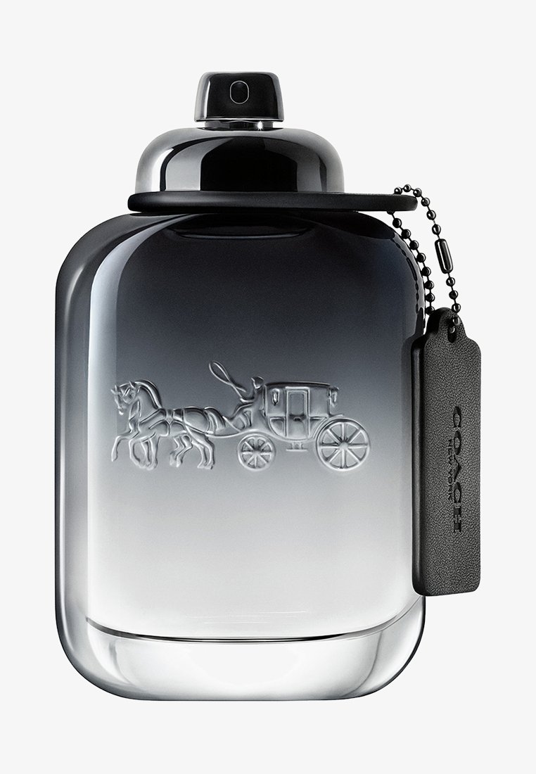 Ugjennomsiktig glassparfymeflaske med en ombre-grå til klar finish, som har en gravering av hest og kjerre samt et svart merkelapp. Kromlok.