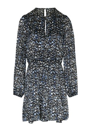 Schwarzes Kleid mit blau-weißer abstrakter Musterung, langen Ärmeln, taillierter Taille und einem Schlüssellochdetail am Ausschnitt. Fließender Stoff.