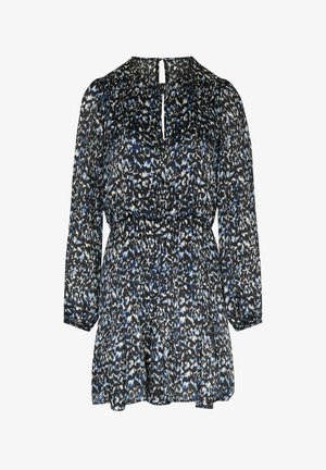 Robe noire avec un motif abstrait bleu et blanc, manches longues, taille cintrée, et un détail en trou de serrure au niveau du décolleté. Texture fluide.