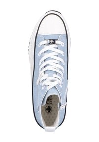 Baskets en toile bleu clair avec un capuchon en caoutchouc blanc, des lacets blancs, une semelle noire et un logo en métal au centre de la languette.