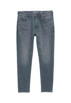 Schmal zulaufende, körperbetonte blaue Jeans mit Knopf, Reißverschluss und fünf Taschen.