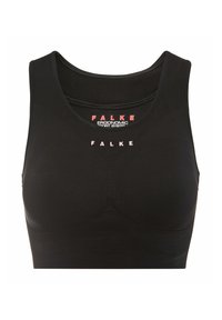 Czarny sportowy biustonosz o bezszwowym kroju. Posiada okrągły dekolt oraz różowe logo. Wykonany z elastycznego, oddychającego materiału.