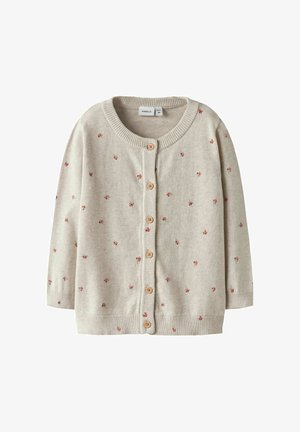Cardigan per bambini color crema con piccoli motivi floreali rossi e bottoni in legno sul davanti, colletto e polsini a coste.
