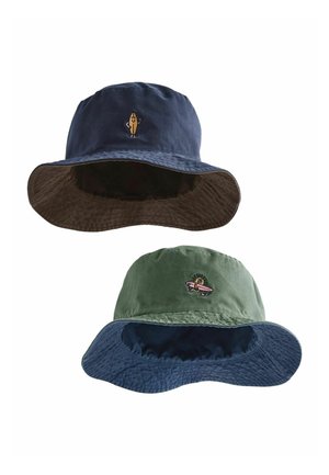 Two bucket hats, one navy with a small tan leaf embroidery, one green with a small pink flower and gear embroidery on front.