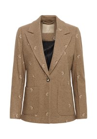 Barna herringbone dzseki, hímzett pillangó motívumokkal, kikerekített hajtókákkal, egygombos záródással és két elülső zsebbel.