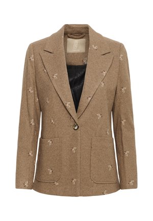 Rjav herringbone blazer z izvezenimi metulji, s klasičnimi lapelovi, enim gumbom za zapiranje in dvema sprednjima žepoma.