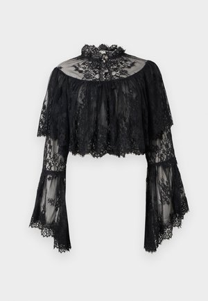 Schwarze Spitzen-Cropped-Bluse mit ausgestellten langen Ärmeln, hohem gerafftem Kragen und floralem Muster auf transparentem Stoff.