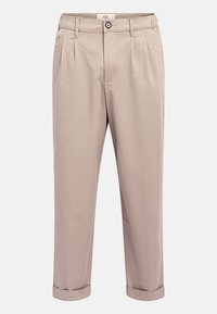 Beige Faltenhose aus Baumwollmischgewebe. Mit umgeschlagenen Säumen und einem Knopfverschluss an der Taille. Verfügt über seitliche Taschen und eine glatte Textur.