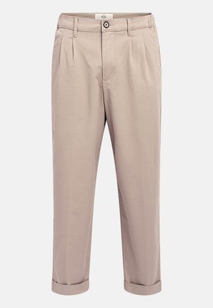 Beige pleated trousers made from cotton blend fabric. Cuffed hems and a button closure at the waist. Features side pockets and a smooth texture.
