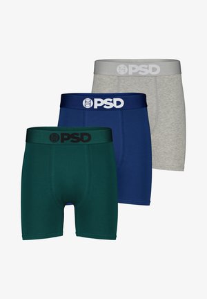Tre paia di boxer da uomo: verde scuro, blu navy e grigio. Ognuno presenta una cintura elastica con il logo "PSD" ben visibile.