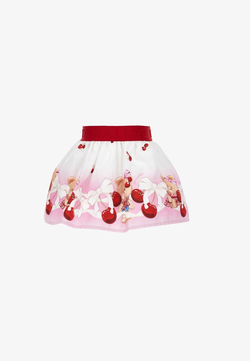 Jupe pour tout-petit blanche et rose avec une ceinture élastique rouge, décorée de cerises, de nœuds blancs et d'ours en peluche portant des tenues à carreaux rouges.