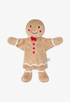 Weiche Plüschpfefferkuchenpuppe mit roter Fliege, drei roten Knöpfen, lachendem Gesicht und weißen Zuckergussdetails an Armen, Taille und Beinen.