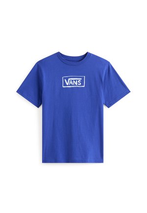 T-shirt en coton bleu à col rond avec un logo Vans blanc dans un contour rectangulaire sur le devant. Manches courtes et coupe décontractée.