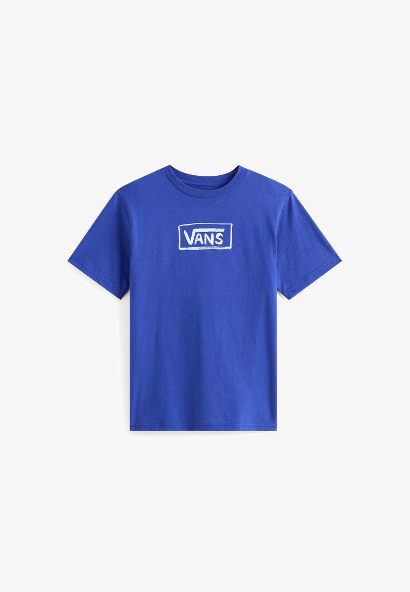 T-shirt en coton bleu à col rond avec un logo Vans blanc dans un contour rectangulaire sur le devant. Manches courtes et coupe décontractée.