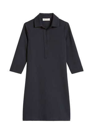 Donkerblauwe polo-jurk van zachte stof, met een kraag, driekwartmouwen en een minimalistisch ontworpen knoopsluiting.