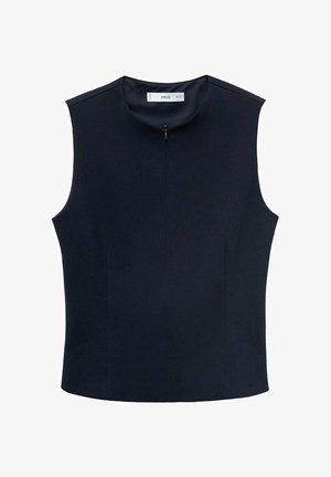 Haut sans manches bleu marine avec un col montant, fabriqué dans un tissu lisse. Comprend une fermeture éclair dissimulée et des coutures verticales pour un ajustement sur mesure.