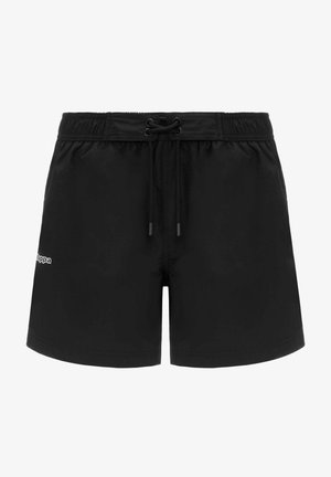 Pantaloncini sportivi neri con fascia elastica in vita e coulisse, caratterizzati da un piccolo logo del marchio sulla gamba sinistra.