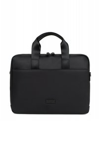 Borsa per laptop nera con un'esterno testurizzato, doppio manico superiore e chiusura a zip. Presenta un design minimalista con una patch del logo.
