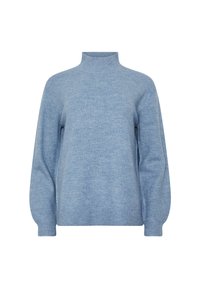 Maglione lavorato a maglia di un blu chiaro con collo alto, maniche lunghe e vestibilità comoda. Dettagli a costine sui polsini e sull'orlo, texture morbida.