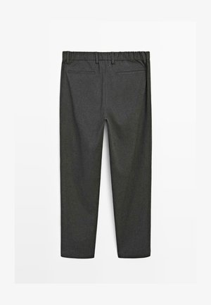 Dark grey tailored trousers with elasticated waistband and two back welt pockets, displayed flat from the rear.