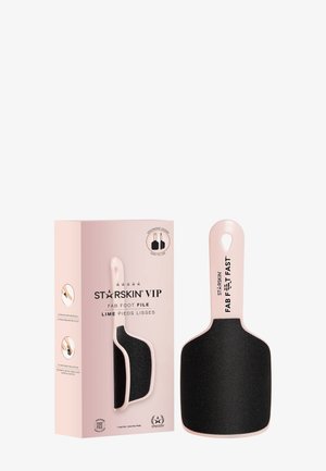 Râpe pour les pieds StarSkin VIP rose avec une surface abrasive noire, présentée à côté de sa boîte rose assortie.
